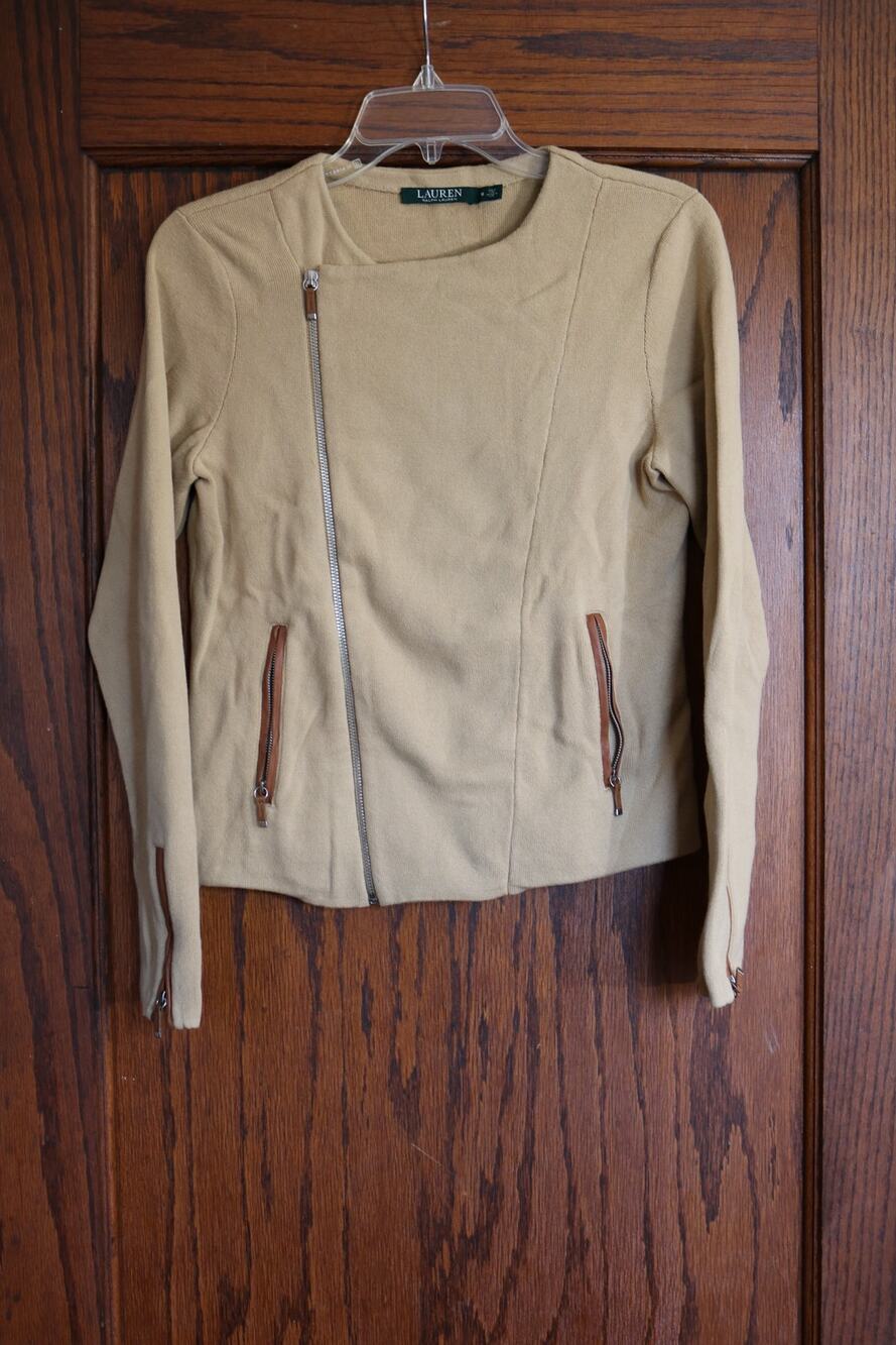 LAUREN RALPH LAUREN Shirt Women Medium Tan Asymmetric Zip Faux Leather Career